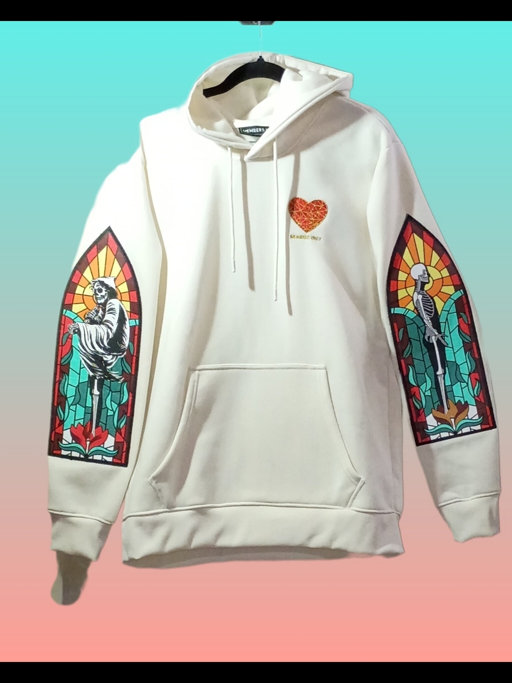 Members Only White Hoodie with Colorful Stained Glass Skeleton Panels